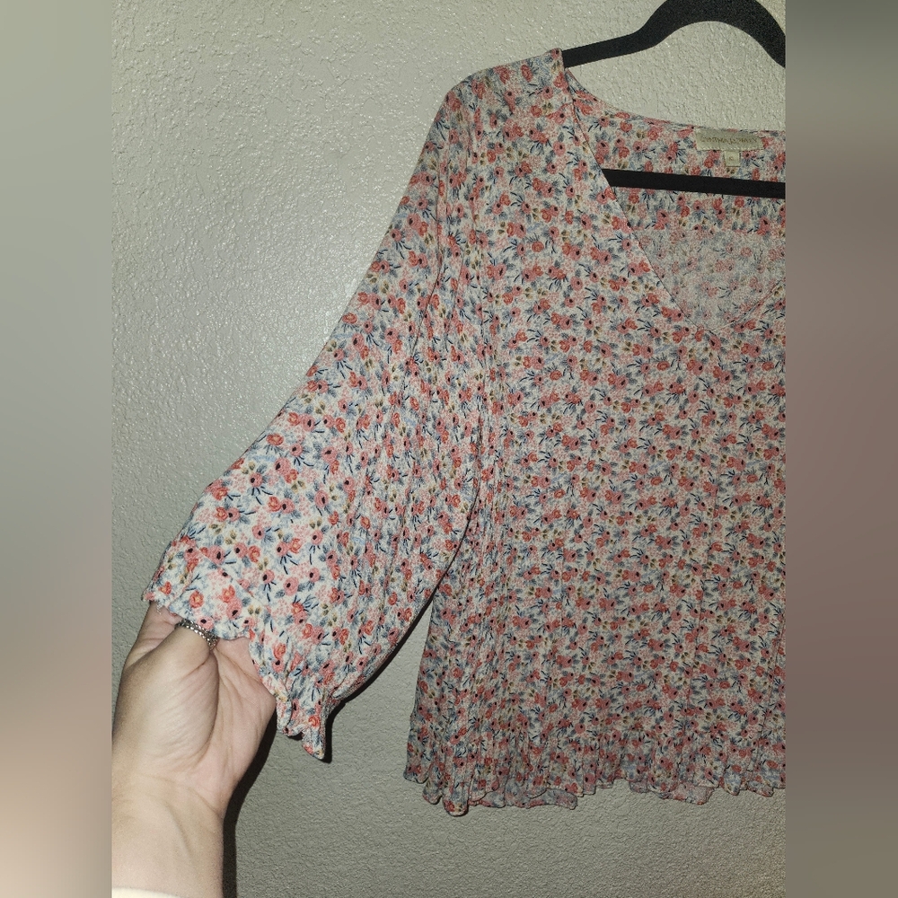 GUC Cynthia Rowley "V-Neck 3/4 Bell Sleeves All Over Floral Ruffle Trim Top" XL - Picture 7 of 12